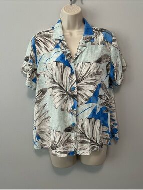 Jams World Blue Gray and White Large Leaf Button Down Shirt Size M